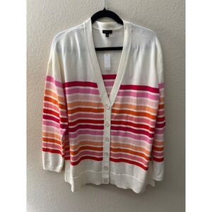 Talbots Womens XL Cardigan Sweater White Pink Orange Striped V-Neck NWT A1056